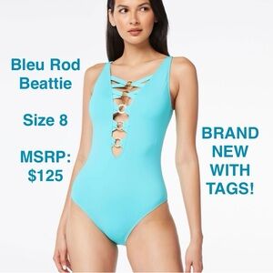 Bleu Rod Beattie Blue One Piece Swimsuit with Plunging Lace-Up Front